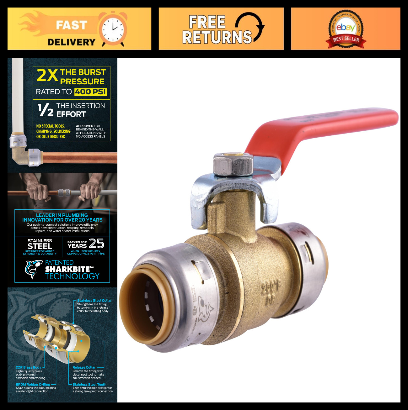 1/2" Push-to-Connect Brass Ball Valve - Plumbing Shut-Off Fitting, PTC, UR22222