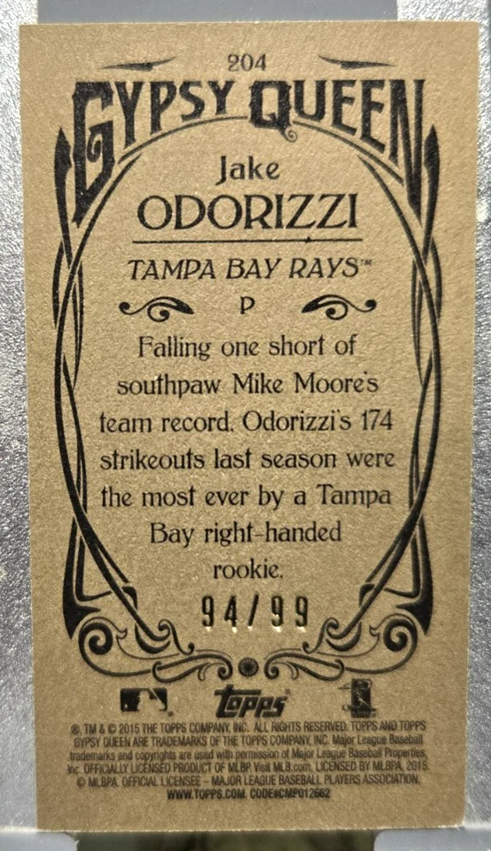2015 Topps Gypsy Queen Mini Gold Baseball Card Jake Odorizzi #204 (NM) SN 94/99 - Image 2 of 3