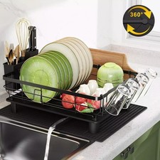 Black Large Dish Drainer Rack with Drip Tray Cutlery Holder Plate Kitchen SinK