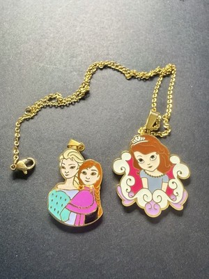 RARE! Disney Frozen Necklace *2* Gold Tone Pendants Princess Sofia Ana Elsa