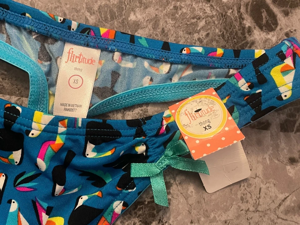 NUEVO CON ETIQUETAS FLIRTITUDE XS LISO LORO PÁJARO NYLON SPANDEX ELÁSTICO RARO TANGA BRAGAS Foto 3 de 4