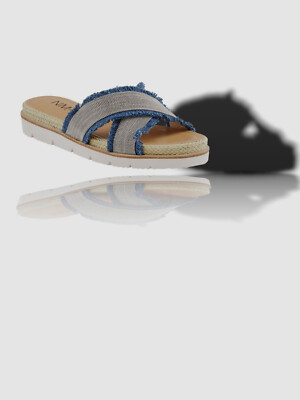 $159 Neiman Marcus Women's Beige Click Denim Trim Slide Sandal Shoes Size  US