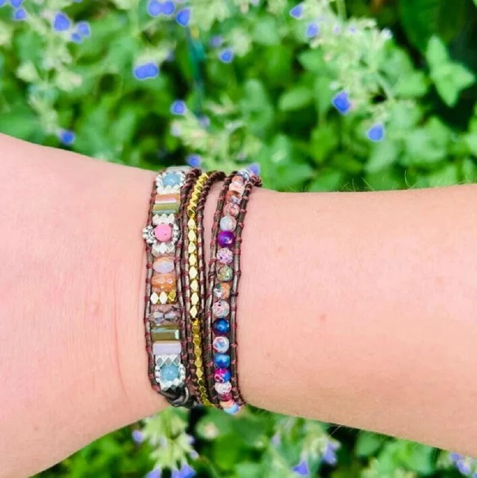 3 Strands Natural Jasper Stone Beaded Leather Wrap Bracelet for Peace Handmade - Image 2 of 2