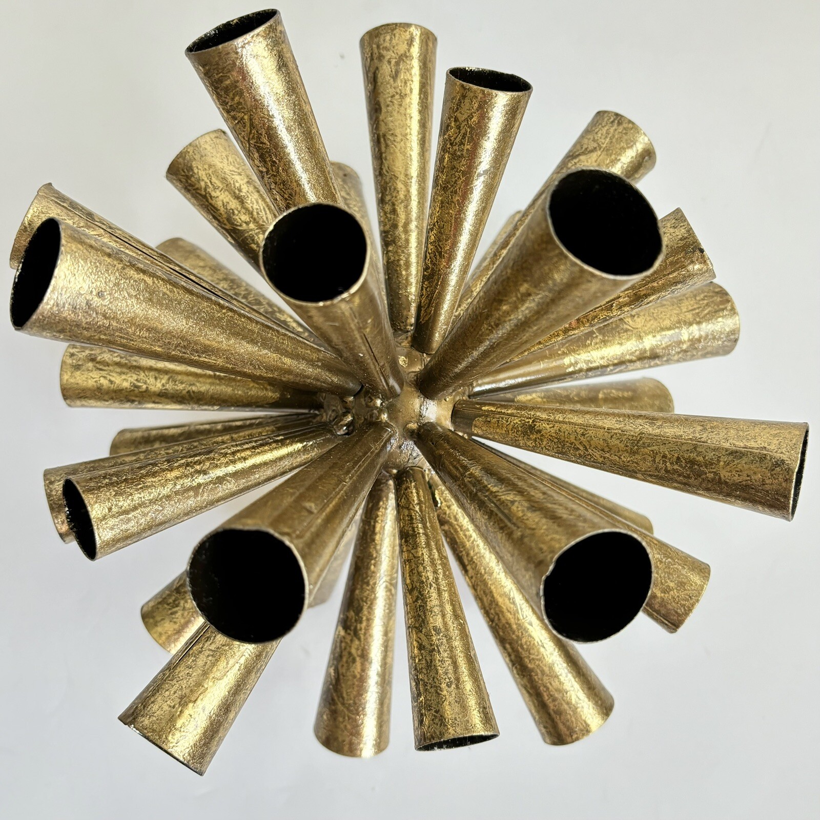 2 Metal Starburst Sputnik Style Tube Sculptures 10” And 8” Gold Tone Vintage