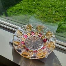 Vintage Heavy Cut Glass Coffee Table Ash Tray Candy Dish Multi-colored Flash-on