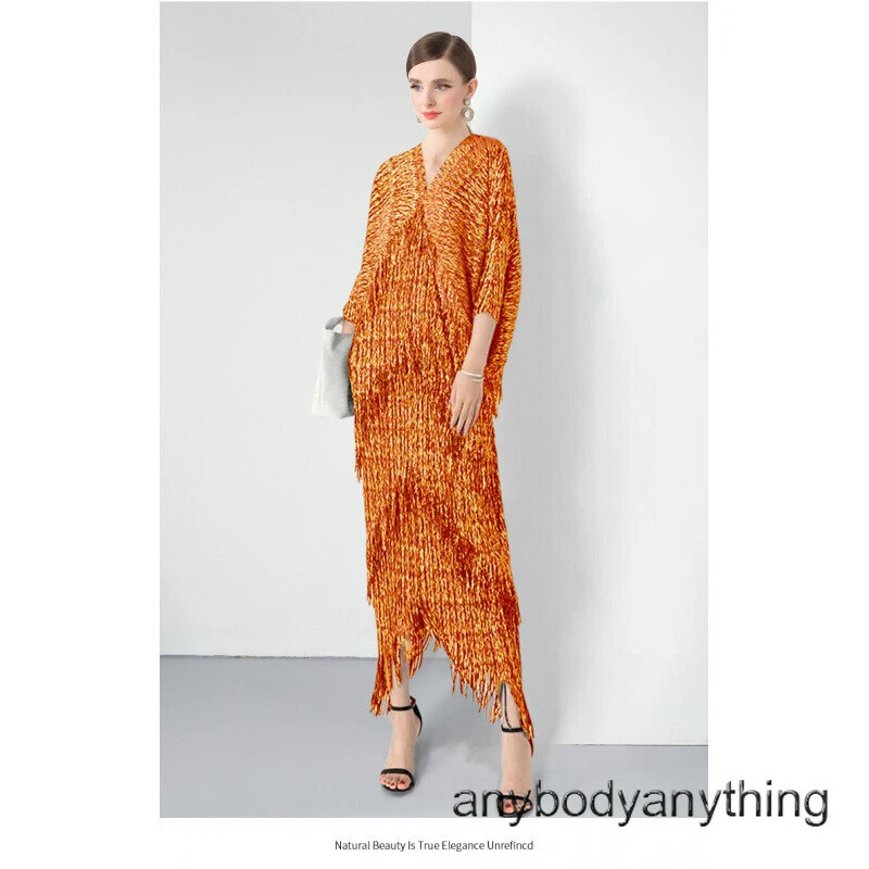 OFF WHITE Abito lungo donna nappa scollo a V manica a pipistrello scollo a V plissettato ampio oversize