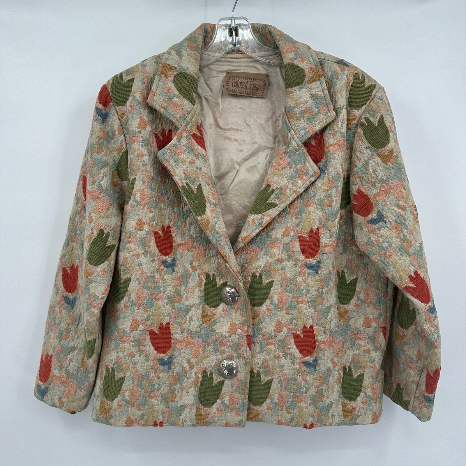 Giacca donna tulipano tessuto pony dipinto taglia M arazzo floreale blazer concho