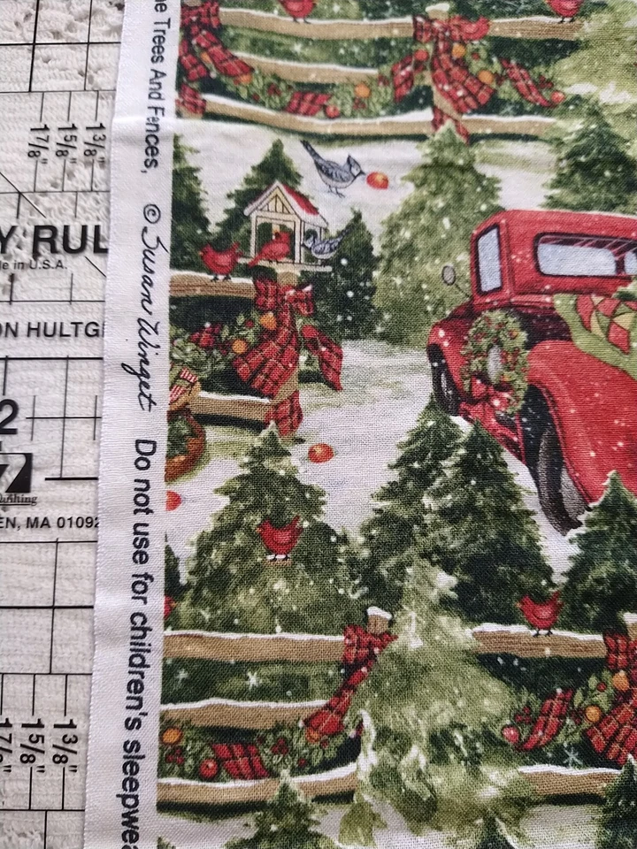 "Pine Trees & Fences" Fabric Susan Winget Red Truck Christmas Trees Snow 17x43 - Image 4 of 4