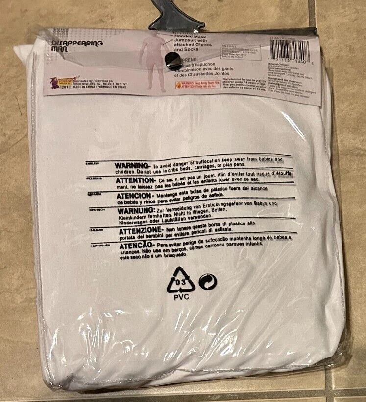 Disappearing Man Bodysuit w/ Mask Forum Costume NEW White Adult XL 42-48 - Image 2 of 2