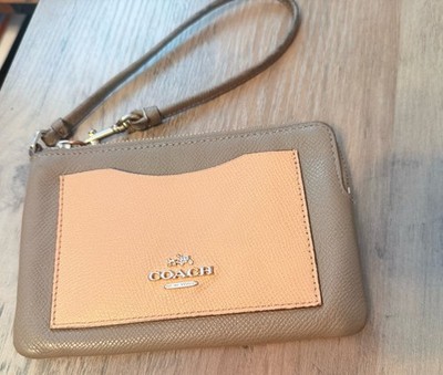 Coach Corner Zip Colorblock Wristlet Fog Multi Gray & Soft Pink Leather