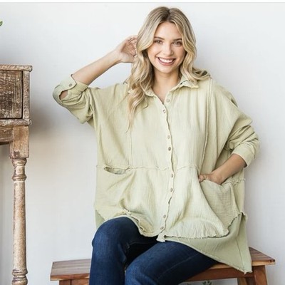 OLI & HALI Womens S Adrie Kat Hoodie Double Gauze Jacket Bohemian Oversize Sage