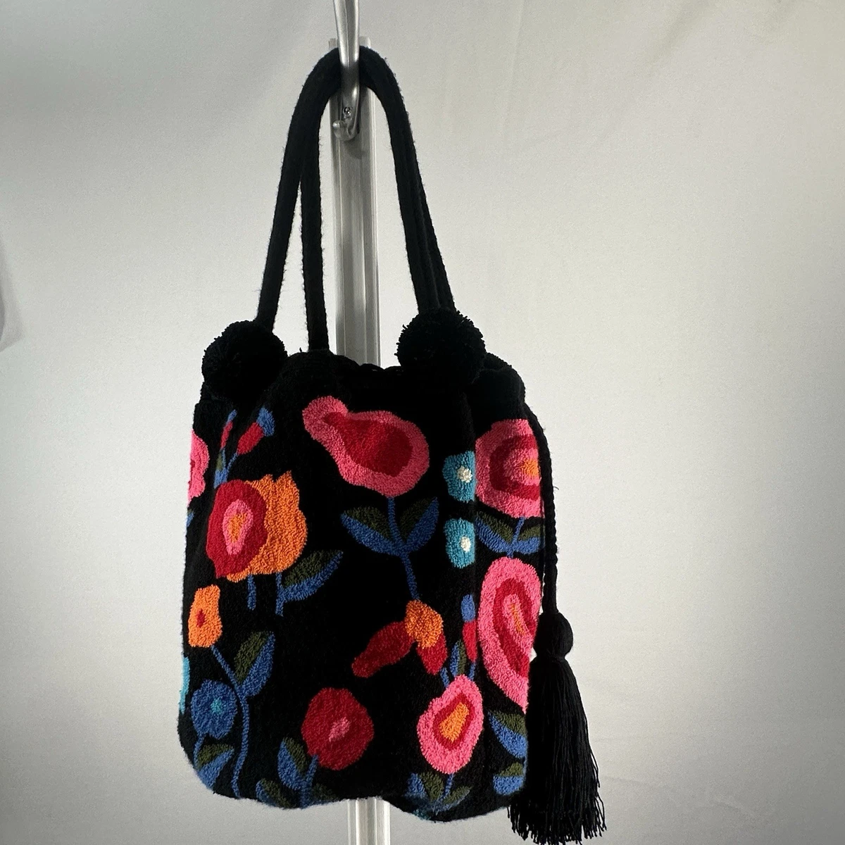 LARGE Black Wayuu Colombia Mochila Fuzzy Floral Bucket Bag Pom Poms (b38) Wayuu Mochila Floral Large Bags & Handbags for Women for  main image 2
