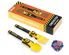 Construction Toddler Utensils - Reusable Plastic Toddler Fork and Spoon  Stor..
