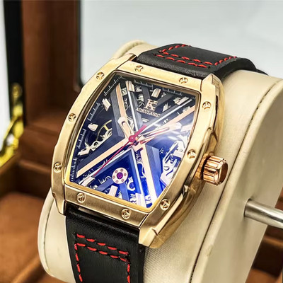 AOKULASIC Stainless Steel Tonneau Leather Strap Luxury Watch For Men