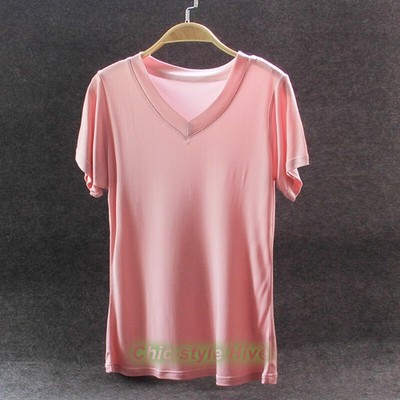 T Shirt 100% Silk Solid Color V Neck Short Sleeve Undershirts Summer for Women