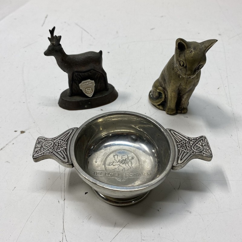 Vintage Mixed Metal Collectibles Lot 3 Pieces Quaich Scotland Deer Cat Figures