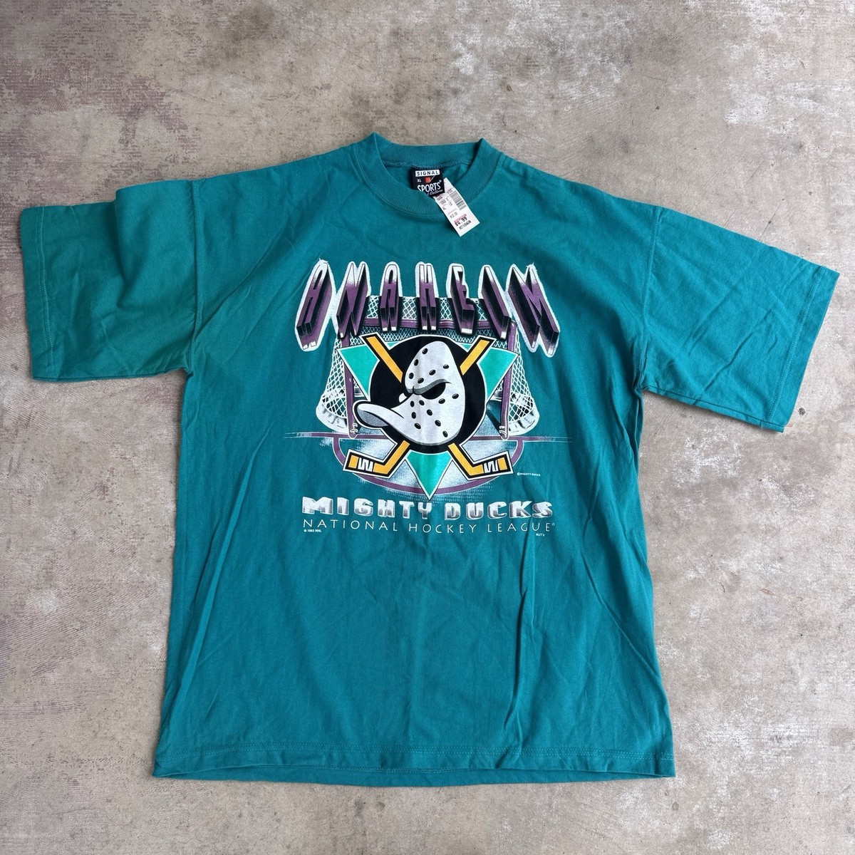 MIGHTY DUCKS 1993 ヴィンテージ Tシャツ NWT Anaheim Mighty Ducks DeadStock Hockey T Shirt Vintage XL Teal