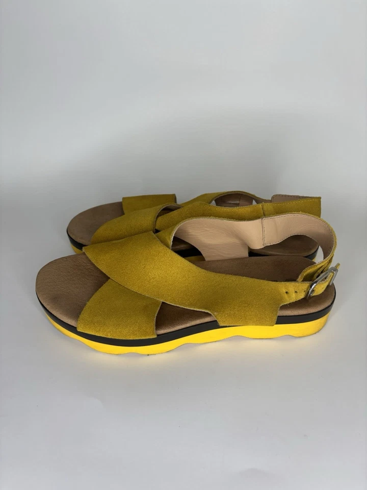 Eric Michael Sandals Sling Back Women Size 37 US 6 Yellow Suede Buckle  - Image 3 of 4