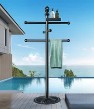 Pool Towel Rack Outdoor, 6 Bars with Top Tray Metal Heavy 54 inches, Black 