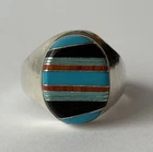 VINTAGE Zuni Multi-Stone Turquoise Inlay Sterling Silver Ring Men's Size 10.75
