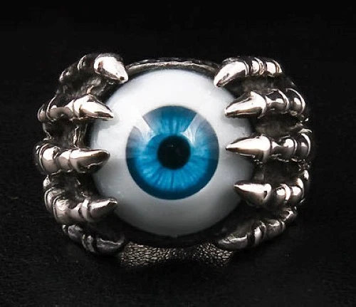 Blue Evil Eye 眼球夹 925 纯银哥特式戒指 全新 自行车 摇滚 男式 — 第 2/4 张图片