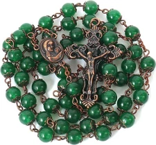 Green Jade Natural Stone Rosary Beads Necklace Holy Soil & Cross Crucifix