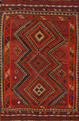 Vegetable Dye Kilim Tribal Flat-weave Area Rug Red Wool Reversible Carpet 5x8