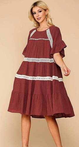 New GIGIO S Terra Cotta Tiered Lace Trim Lined Swing Patio Dress Oversized - Picture 2 of 4