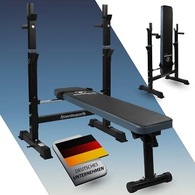FJOERDESPORTS Hantelbank Trainingsbank mit Langhantel Ablage Fitnessstation klappbar grau blau