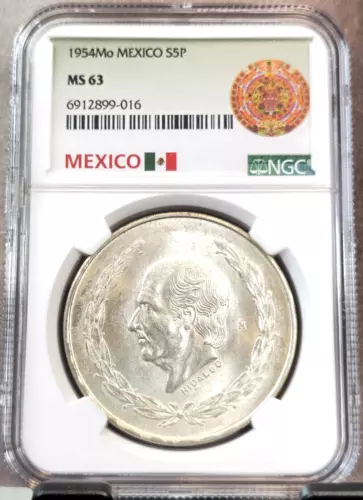 1954 MEXICO SILVER 5 PESOS S5P HIDALGO NGC MS 63 BEAUTIFUL RARE KEY DATE COIN