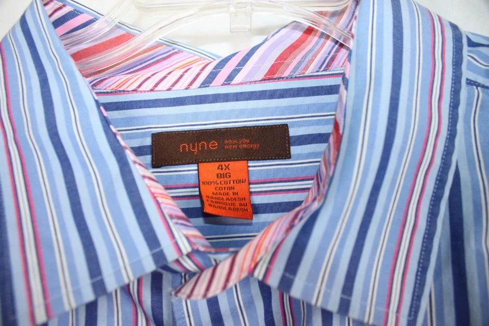 Nyne Shirt Big Mans Button Up Long Sleeve 100% Cotton Stripe Blue Red White 4X - Image 4 of 4