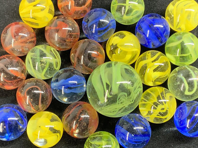 25 Glass Marbles SPIRAL GALAXY Wire Pull Spaghetti Red/Blue/Green Pack Shooter