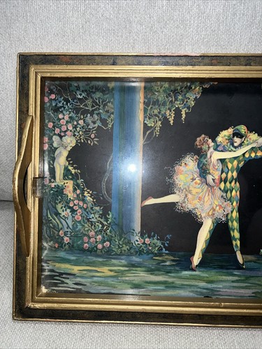 Antique Serving Tray Tsanya Print 1930s Ballerina And Jester “ Cupid Bower” Gold - Bild 4 von 8