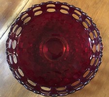 antique Ruby Red AMBERINA GLASS BOWL DISH Perforated Edges Basket Weave fenton