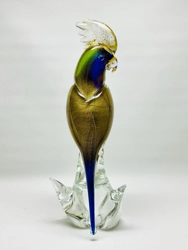Murano Parrot Cockatoo Green Gold Sculpture Vintage Art Glass (READ DESCRIPTION)