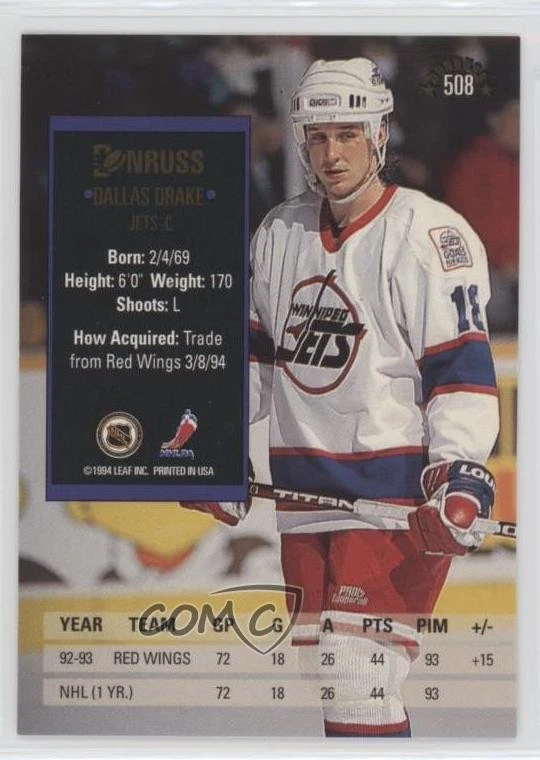 1993-94 Donruss Dallas Drake #508 Rookie RC - Image 2 of 2