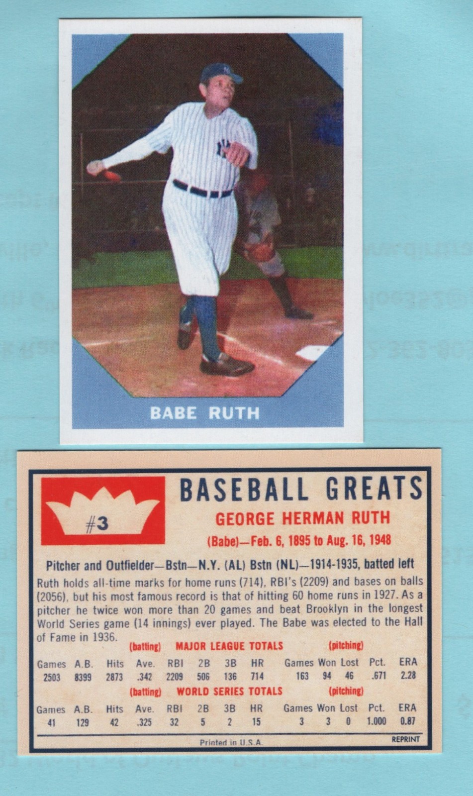 2021  -- 1960 Style Baseball Greats Collectors Card # 3 Babe Ruth