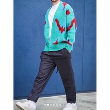 Cardigan Zara Uomo Maglia Jacquard Astratto Blu Teal Borgogna L-XL