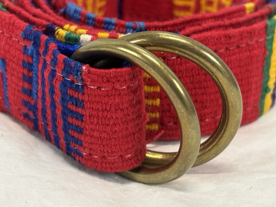 Cinto de couro A Tail We Could Wag feito à mão tecido de algodão fivela de latão tamanho M 37” - Imagem 2 de 4