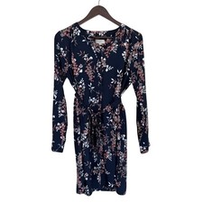 LOFT Navy, Taupe, and White Floral Long Sleeve Dress with Tie Belt - Medium