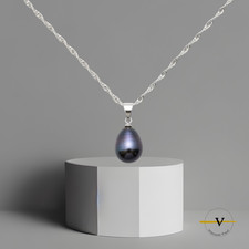 COLLANA DONNA ARGENTO 925 RODIATO E VERA PERLA NERA NATURALE ACQUA DOLCE 7-8 MM