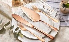 Wedding Cake KNIFE Server SET Rose Gold FORKS Mr Mrs Happily Ever After NEW