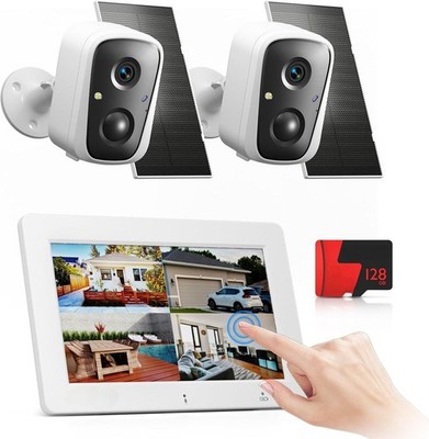 Camera Outdoor Wireless System with 7'' Touchscreen Monitor, 2PCS 4MP Solar Cams