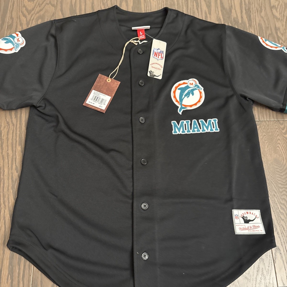 NWT Miami Dolphins Baseball Jersey Large Mitchell & Ness