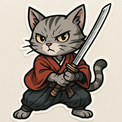 Katze als Samurai 9x9 cm Autoaufkleber Sticker Anime Manga Schwert