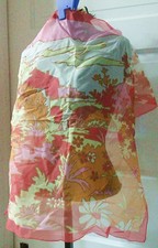 70's MCM Orange Red Floral Scene Dots Semi Sheer 25 1/2" Square Head Neck Scarf