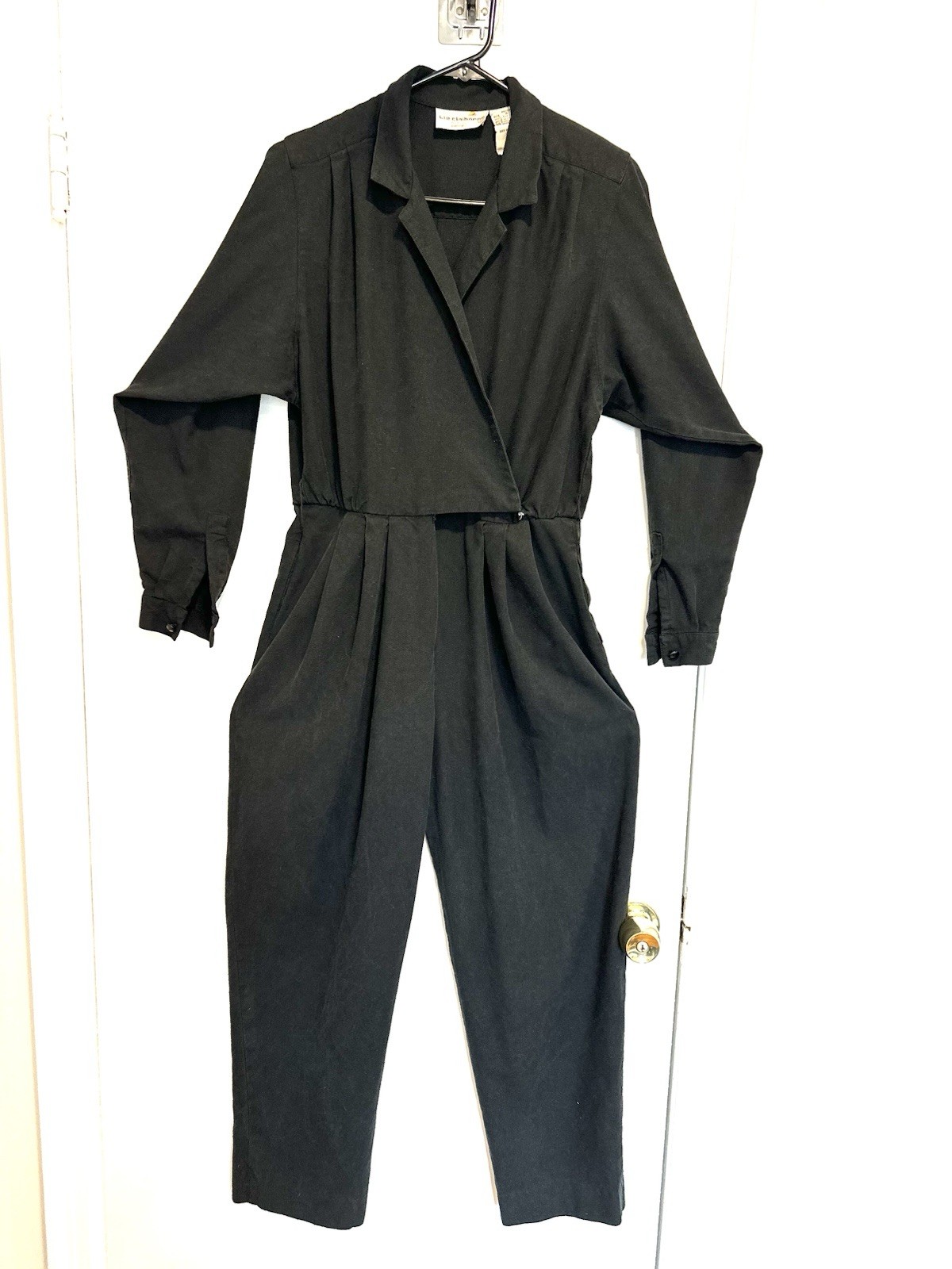 VTG 80s Liz Claiborne Sz:6 black wrap-front Silk Long Sleeve Monochrome jumpsuit