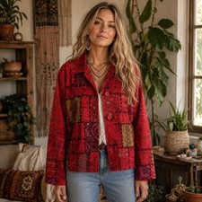 Coldwater Creek Boho Patchwork Cotton Button Up Jacket L Eclectic Folk Art Chic
