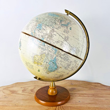 VTG Cam's Imperial World 12" Globe Beige Cream Neutral Colors Round Oak Base USA