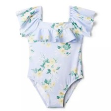 Janie and Jack Recycled Floral Ruffle One Piece Swimsuit Girls Sz 4 Flutter Blue